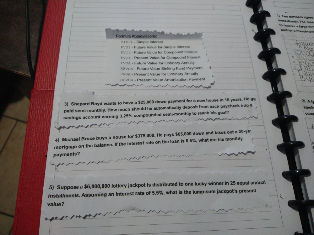 which formula abbreviation matches each math problem? 1) Two partners agree