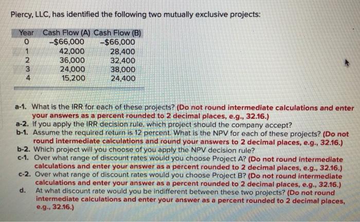 Piercy, LLC, has identified the following two mutually exclusive projects: Year
