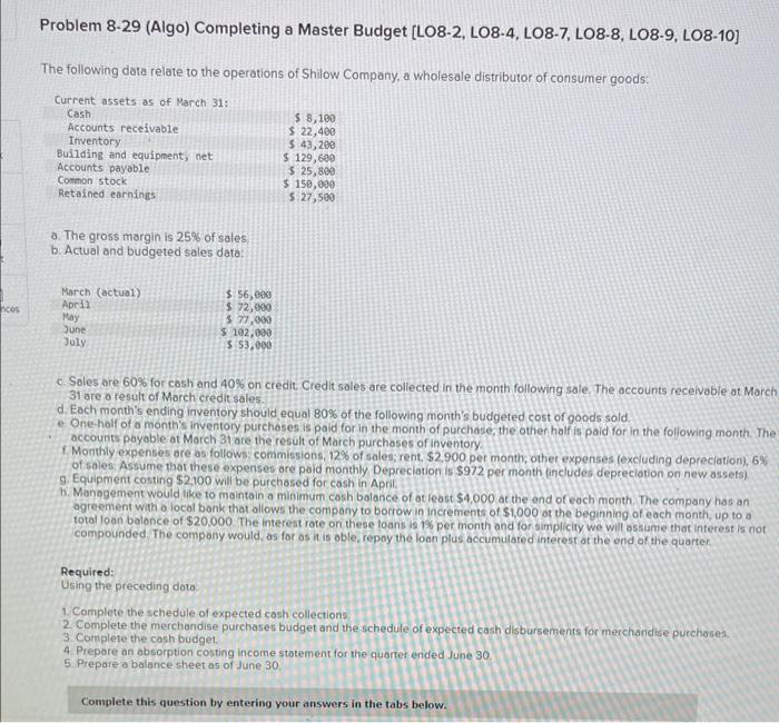  Problem 8-29 (Algo) Completing a Master Budget [LO8-2, LO8-4, LO8-7, LO8-8,
