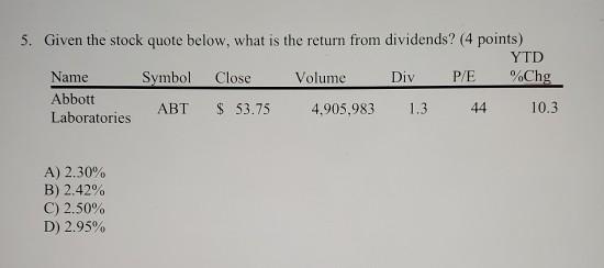  5. Given the stock quote below, what is the return from