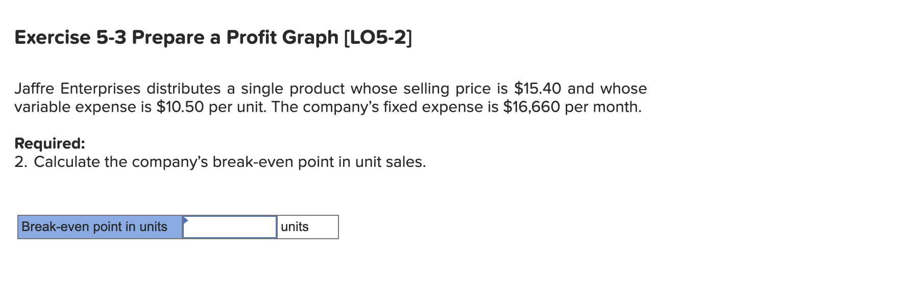  Exercise 5-3 Prepare a Profit Graph (LO5-2] Jaffre Enterprises distributes a