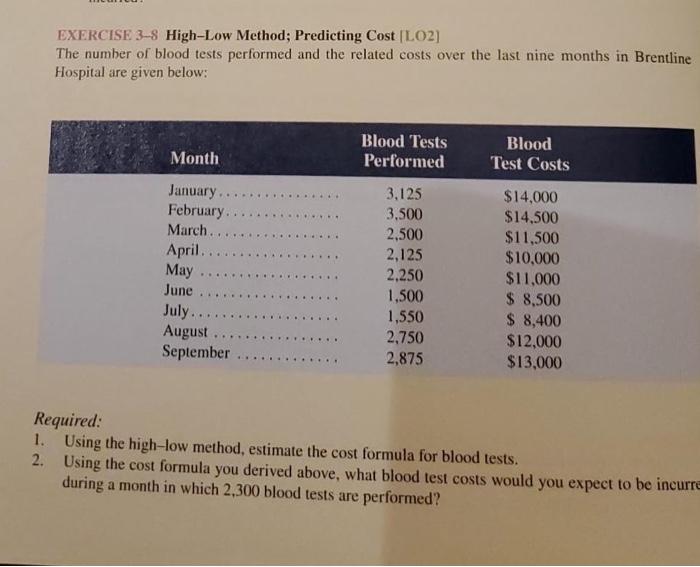  EXERCISE 3-8 High-Low Method; Predicting Cost |LO2] The number of blood