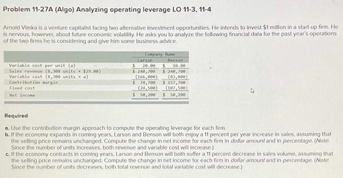  Problem 11-27A (Algo) Analyzing operating leverage LO 11-3, 11-4 Amold Vimka