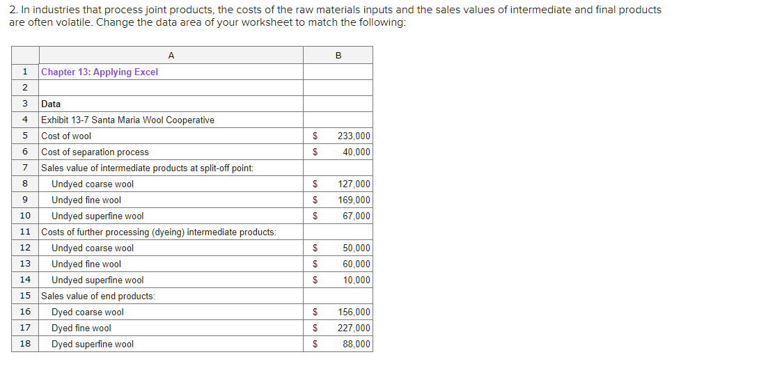 Excel 2 3 Data 4 Exhibit 13-7 Santa Maria Wool Cooperative 5