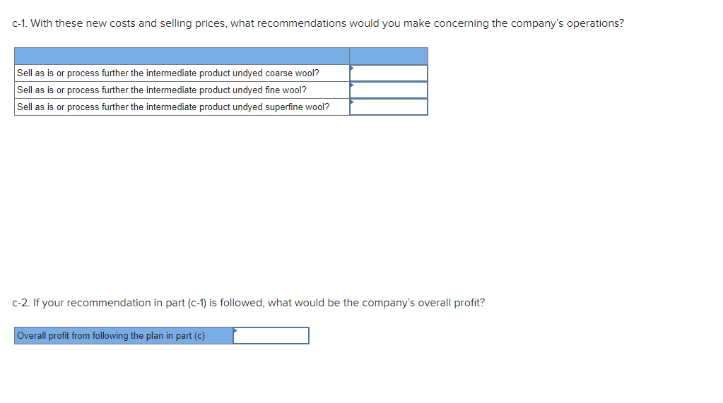 value of intermediate products at split-off point: 8 Undyed coarse wool $120,000