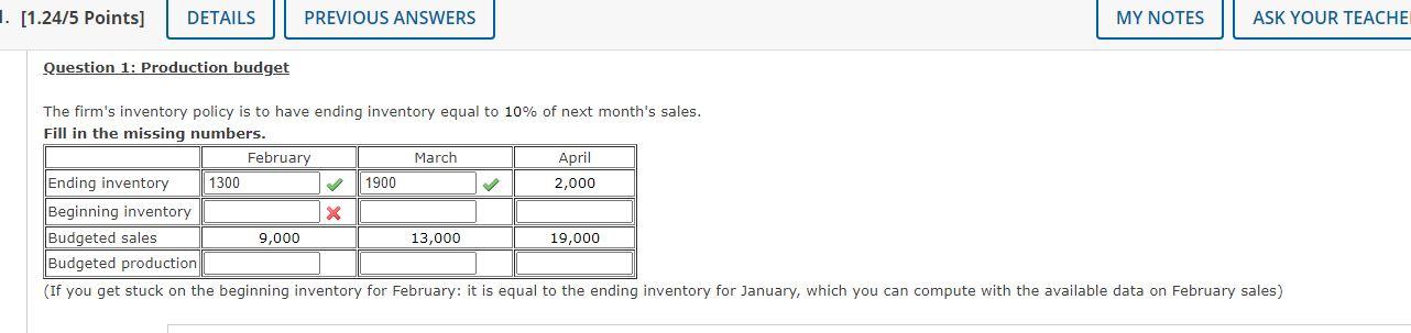 fill in missing data 1. (1.2475 Points] DETAILS PREVIOUS ANSWERS MY NOTES