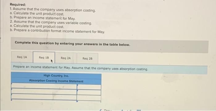 High Country, Inc., produces and sells many recreational products. The company has