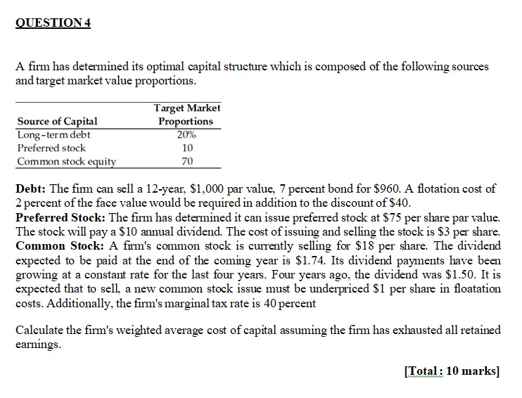  QUESTION 4 A firm has determined its optimal capital structure which