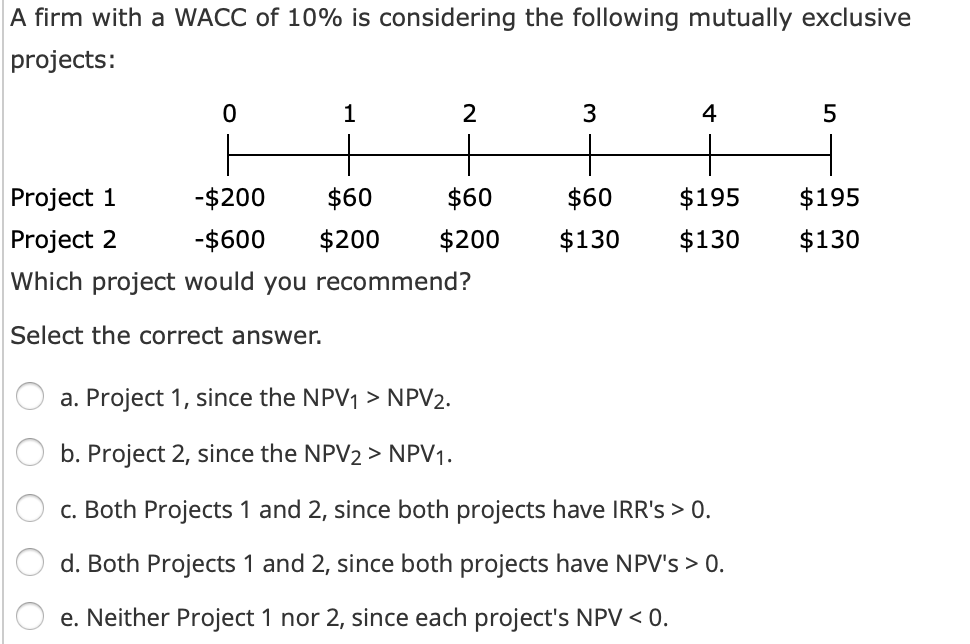 Question 1: Project L requires an initial outlay at t = 0