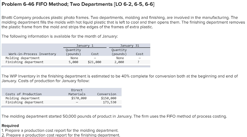  Problem 6-46 FIFO Method; Two Departments [LO 6-2, 6-5, 6-6] Bhatti