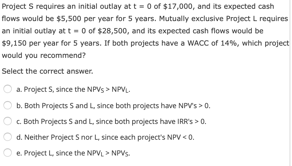 Project S requires an initial outlay at t = 0 of