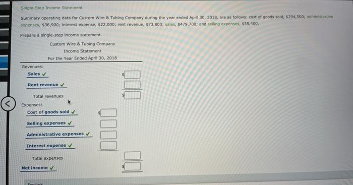  Single-Step Income Statement Summary operating data for Custom Wire & Tobing