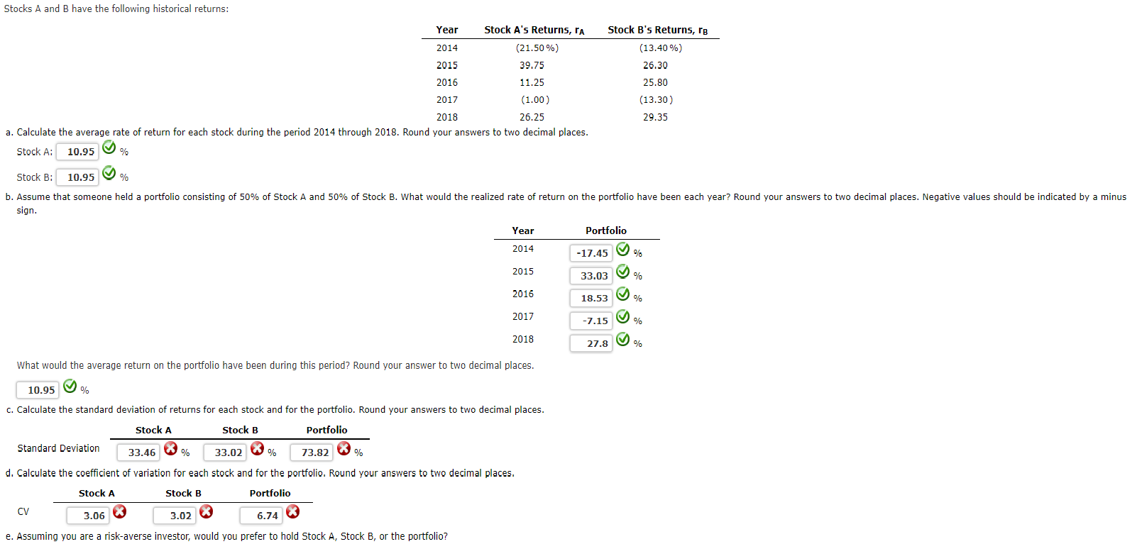 Please help with part C, D, and E. Thank you! Stocks A