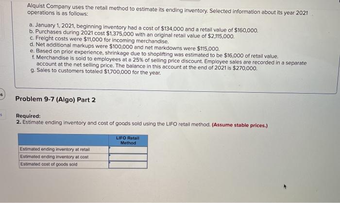 [LO9-3, 9.4) [The following information applies to the questions displayed below.) Alquist
