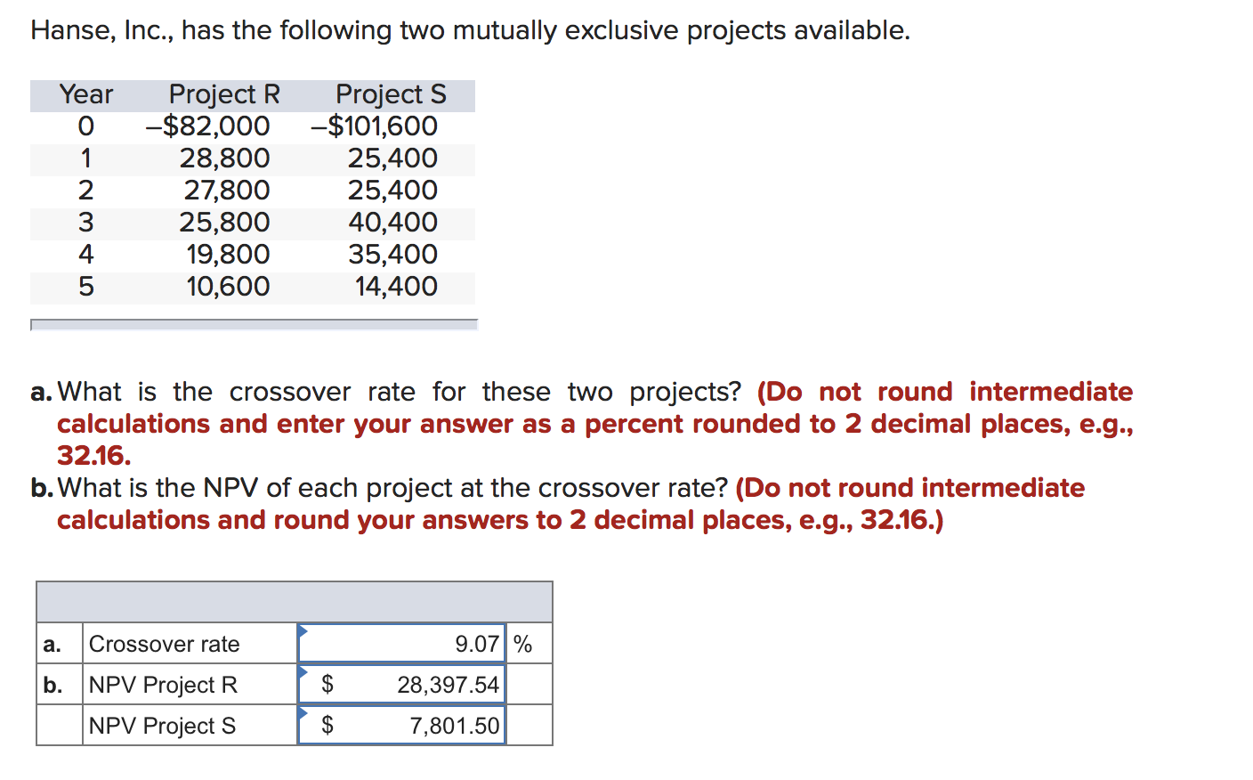 Hanse, Inc., has the following two mutually exclusive projects available. Year