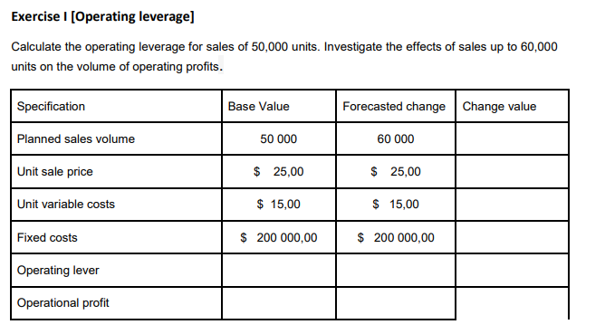  Exercise I [Operating leverage] Calculate the operating leverage for sales of