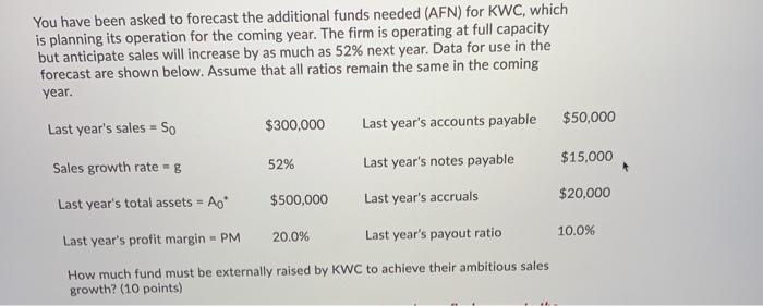  You have been asked to forecast the additional funds needed (AFN)