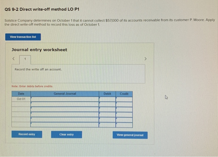  QS 9-2 Direct write-off method LO P1 Solstice Company determines on