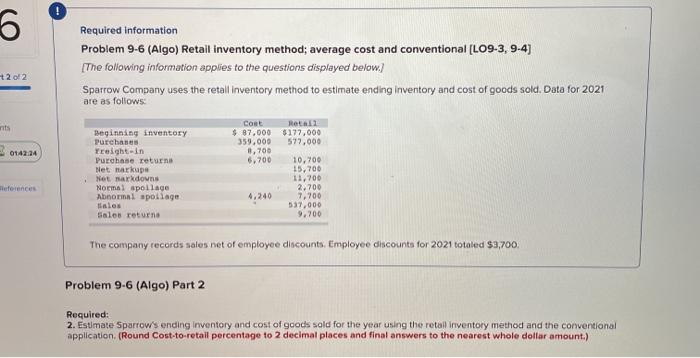 Please help 6 6 Required Information Problem 9-6 (Algo) Retail inventory method;