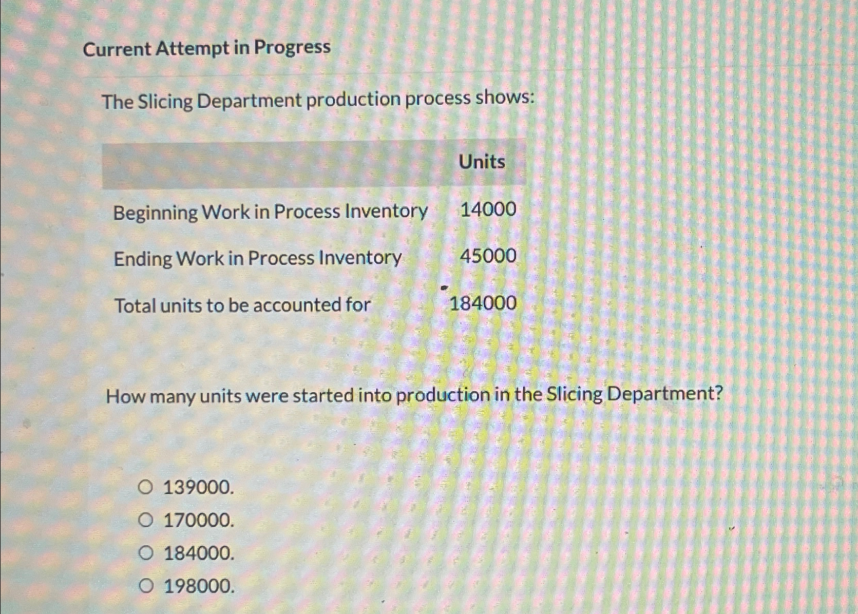  Current Attempt in Progress The Slicing Department production process shows: \table[[Beginning