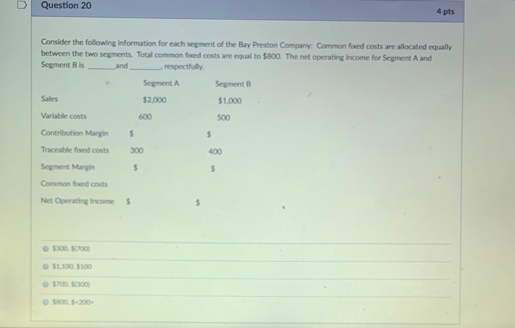 D Question 20 4 pts Consider the following information for each