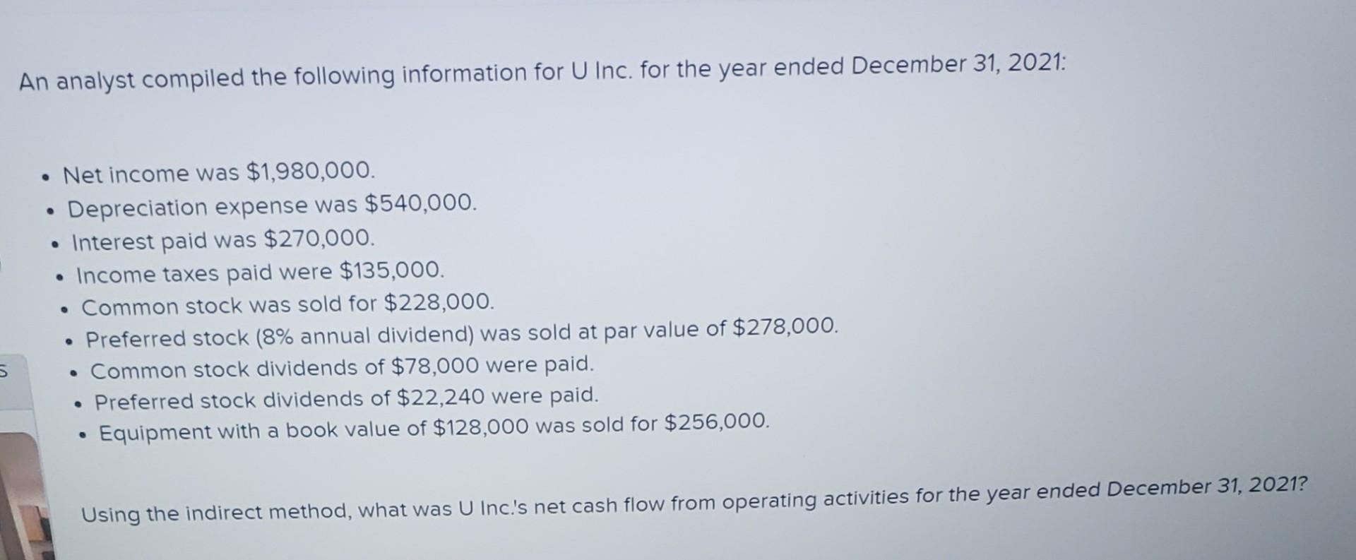 An analyst compiled the following information for U Inc. for the