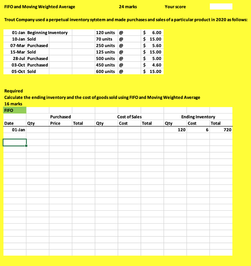 Use same labels. FIFO and Moving Weighted Average 24 marks Your score
