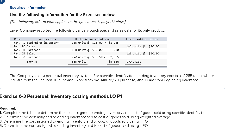  Required information Use the following information for the Exercises below. [The