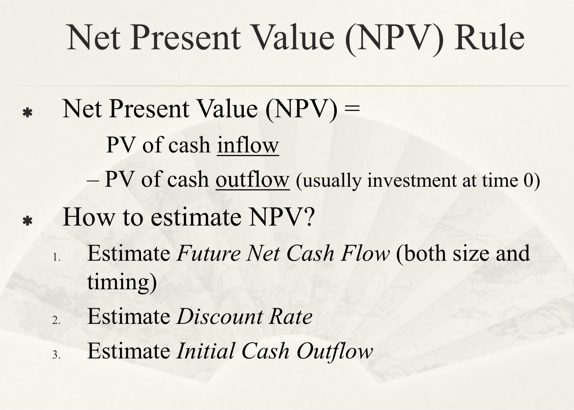 payback period, internal rate of return, profitability index, and net present value.