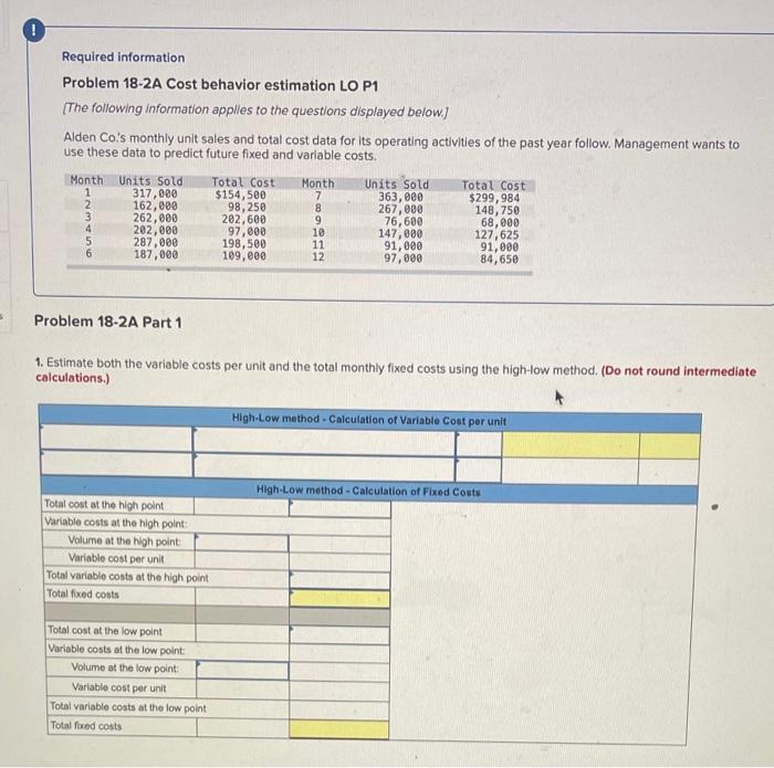  ! Required information Problem 18-2A Cost behavior estimation LO P1 [The