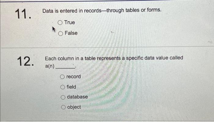  1. Data is entered in records-through tables or.forms. True False 12.
