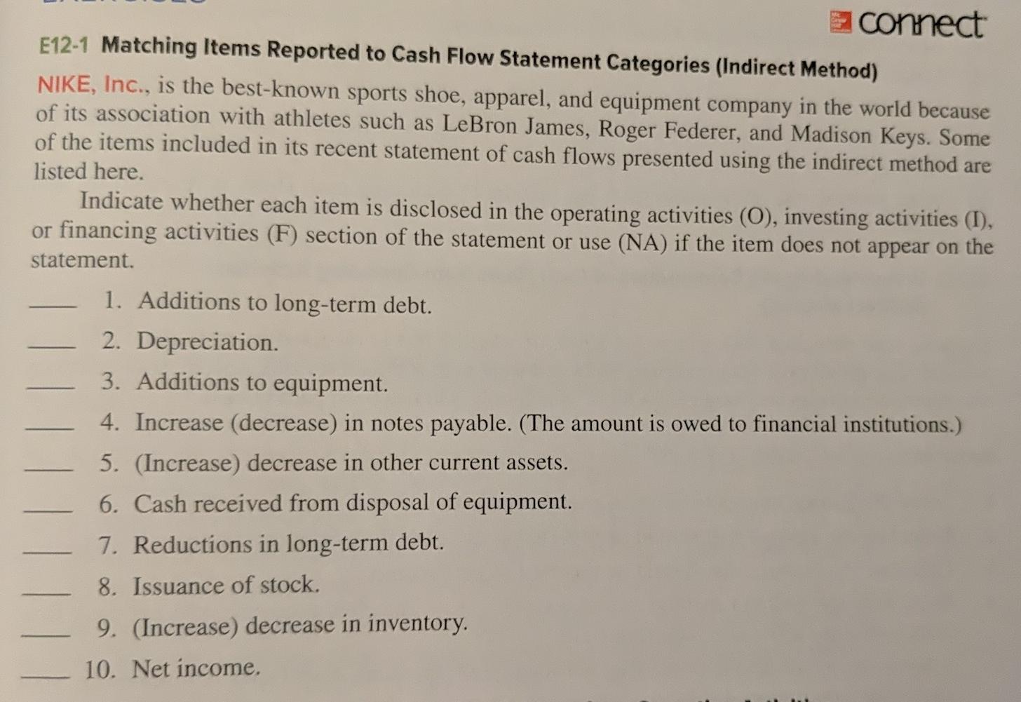  connect E12-1 Matching Items Reported to Cash Flow Statement Categories (Indirect