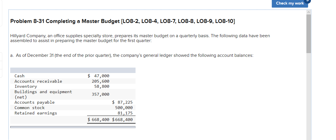 Check my work Problem 8-31 Completing a Master Budget [LO8-2, LO8-4,
