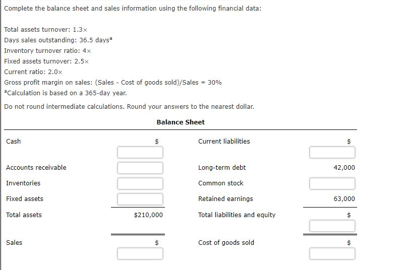 Complete the balance sheet and sales information using the following financial