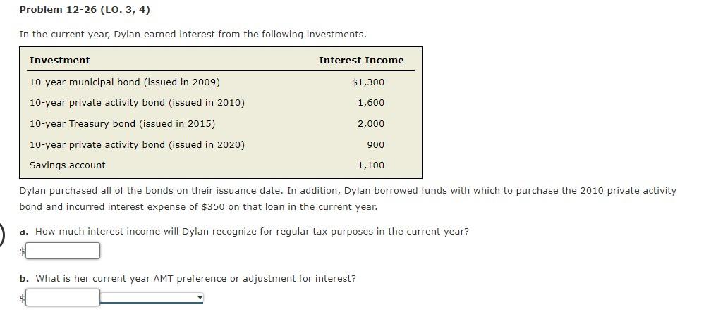 Problem 12-26 (LO. 3, 4) In the current year, Dylan earned