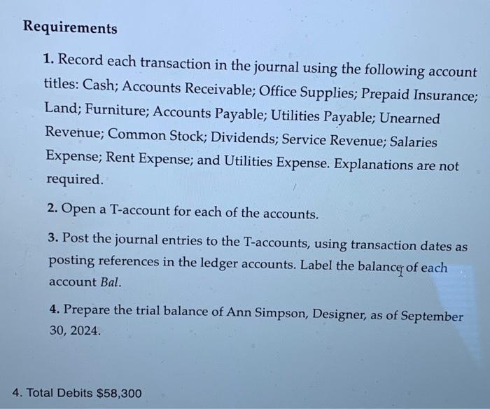 account titles: Cash; Accounts Receivable; Office Supplies; Prepaid Insurance; Land; Furniture; Accounts