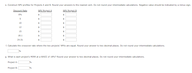  e. Construct NPV profiles for Projects A and B. Round your