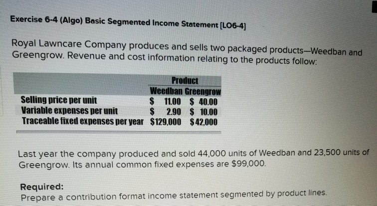 Exercise 6-4 (Algo) Basic Segmented Income Statement [LO6-4) Royal Lawncare Company