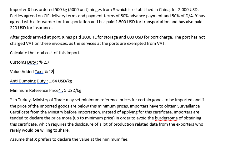 Importer X has ordered 500 kg (5000 unit) hinges from Y