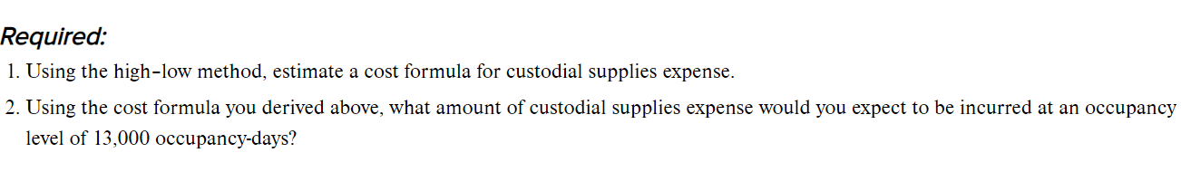 occupancy-days and custodial supplies expense over the last seven months were as