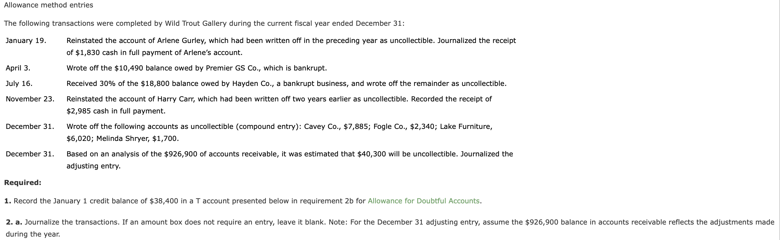 the expected net realizable value of the accounts receivable as of December