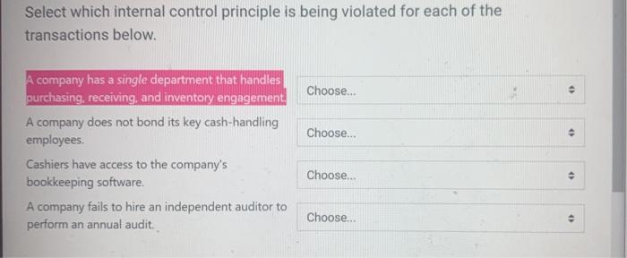  Select which internal control principle is being violated for each of