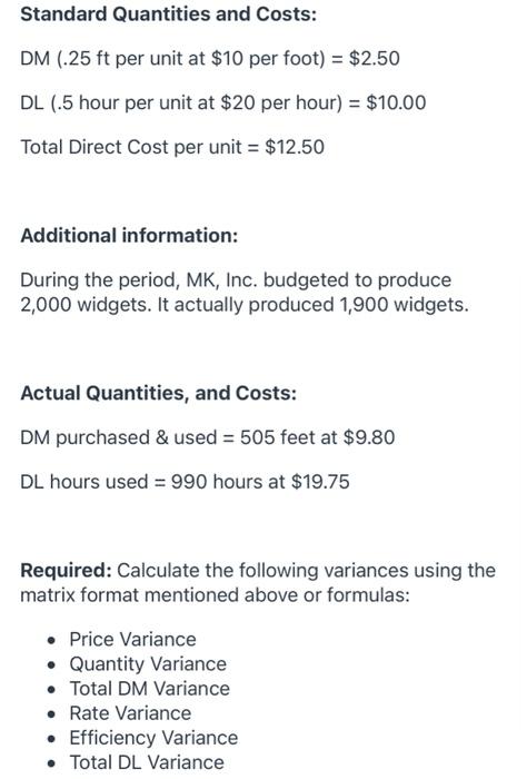  Standard Quantities and Costs: DM (.25 ft per unit at $10