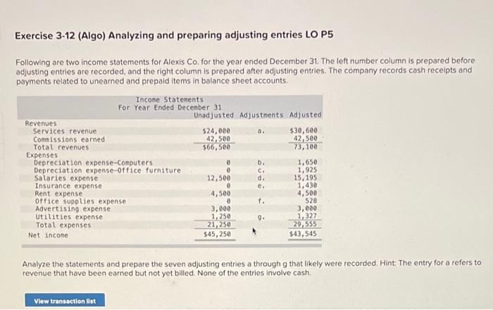  Exercise 3-12 (Algo) Analyzing and preparing adjusting entries LO P5 Following