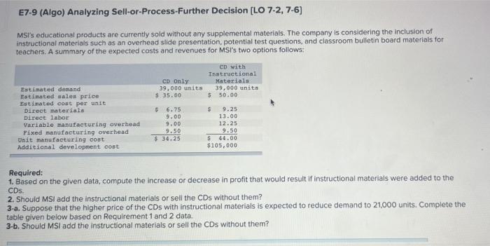  E7-9 (Algo) Analyzing Sell-or-Process-Further Decision (LO 7-2, 7-6) MSI's educational products