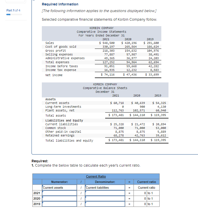 Required: 1. Complete the below table to calculate each year's current ratio.