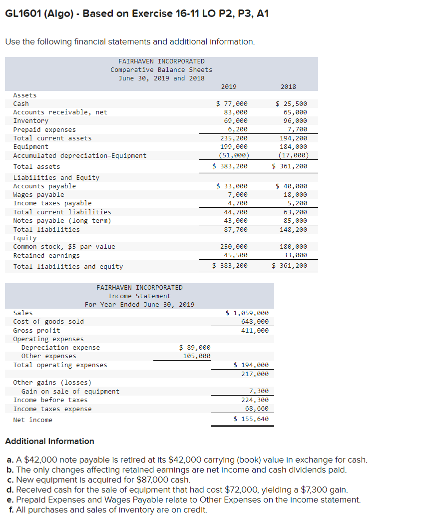 GL1601 (Algo) - Based on Exercise 16-11 LO P2, P3, A1