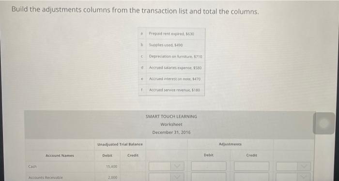 TOUCH LEARNING Worksheet December 31, 2016 Unadjusted Trial Balance Adjustments Adjusted Trial