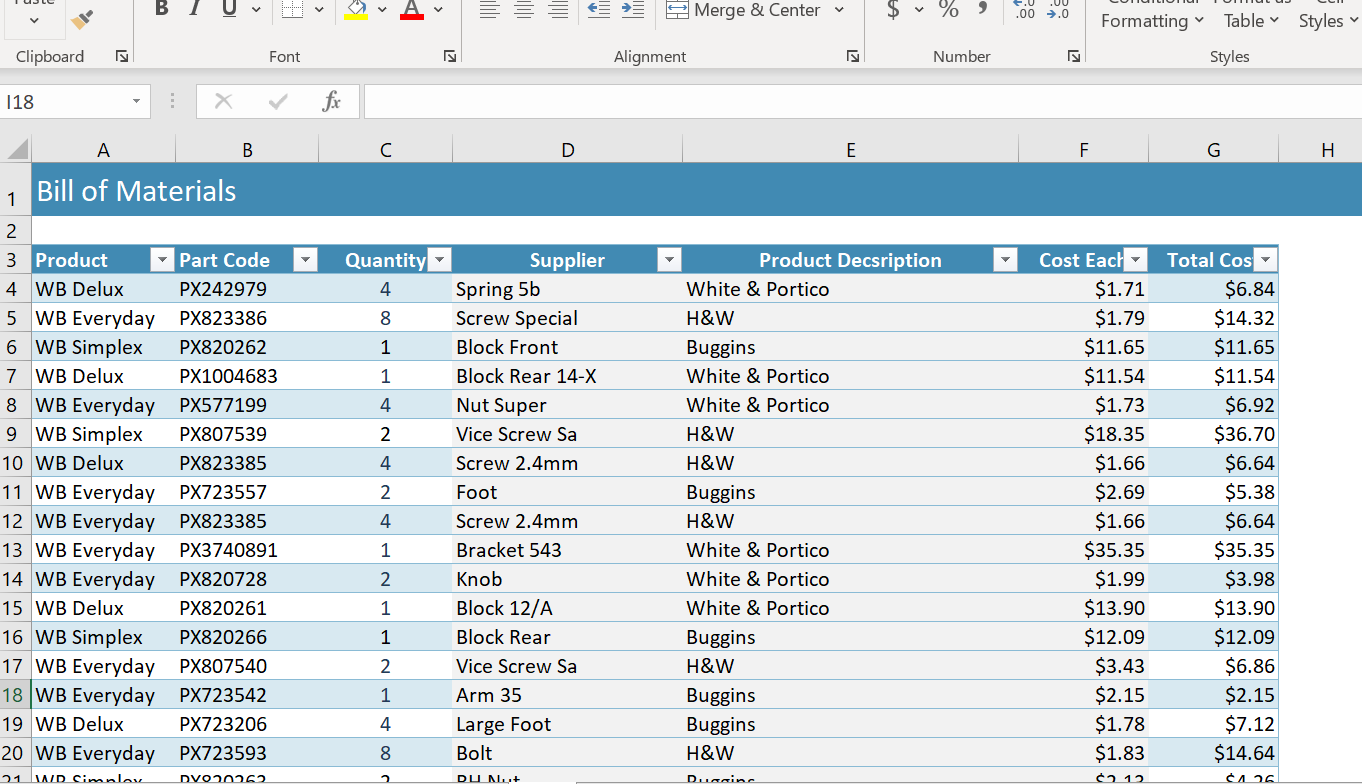 excel sheet. It wants me the formula for direct material cost per