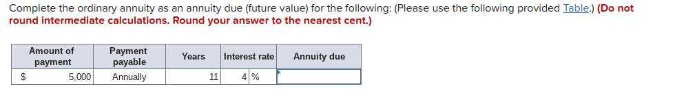 the following: (Please use the following provided Table.) (Do not round intermediate